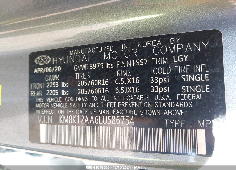 2020 HYUNDAI KONA SE VIN: KM8K12AA6LU586754