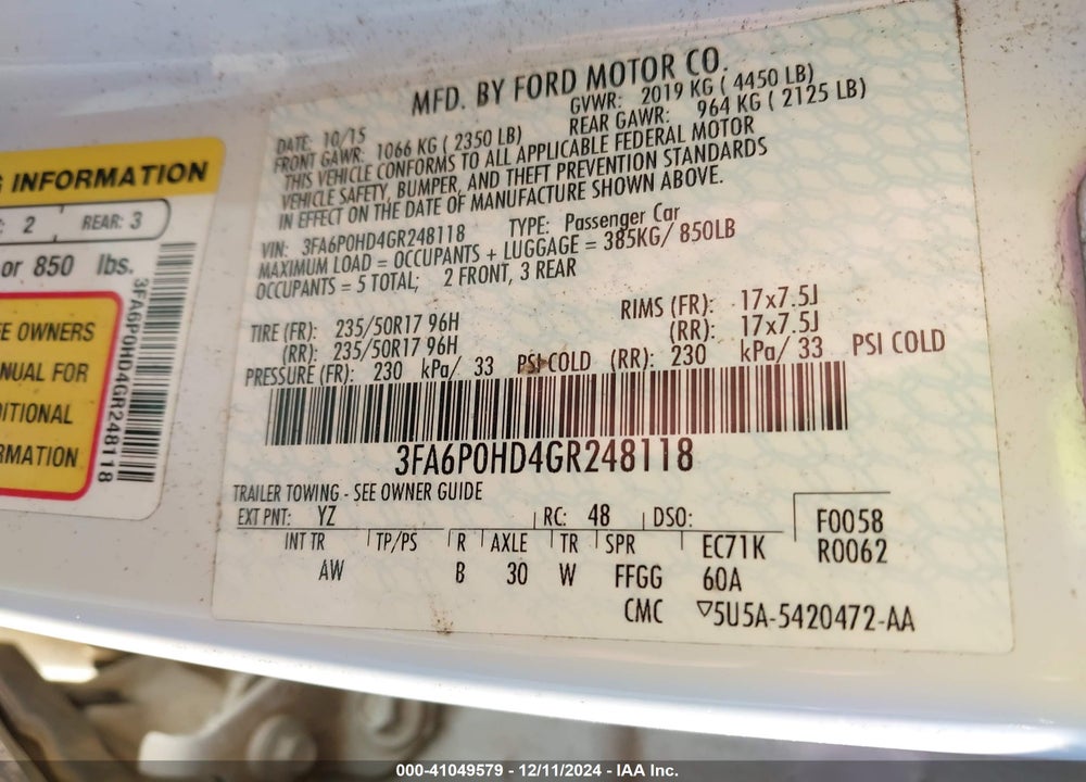 2016 FORD FUSION SE VIN: 3FA6P0HD4GR248118