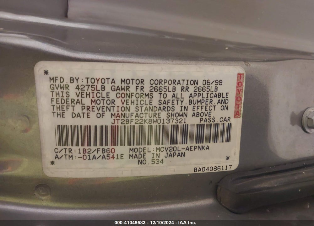1998 TOYOTA CAMRY LE V6 VIN: JT2BF22K8W0137321
