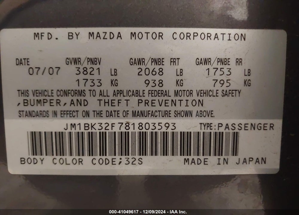 2008 MAZDA 3 I VIN: JM1BK32F781803593