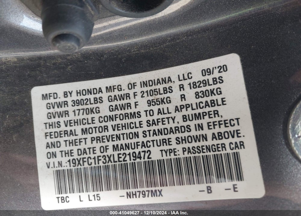 2020 HONDA CIVIC EX VIN: 19XFC1F3XLE219472
