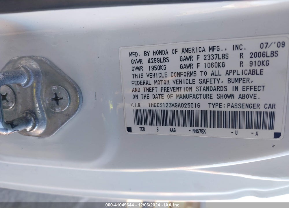 2009 HONDA ACCORD 2.4 LX-S VIN: 1HGCS123X9A025016