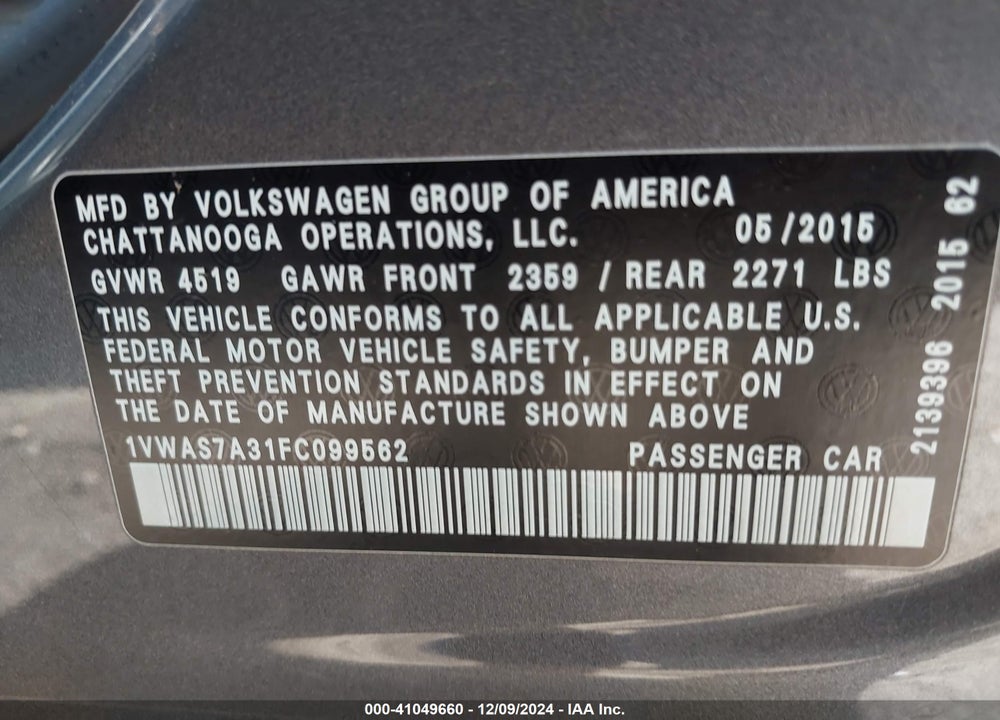 2015 VOLKSWAGEN PASSAT VIN: 1VWAS7A31FC099562
