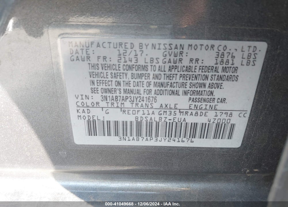 2018 NISSAN SENTRA S VIN: 3N1AB7AP3JY241676