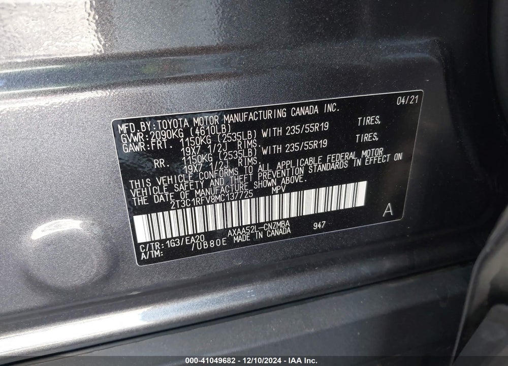 2021 TOYOTA RAV4 XLE PREMIUM VIN: 2T3C1RFV8MC137725
