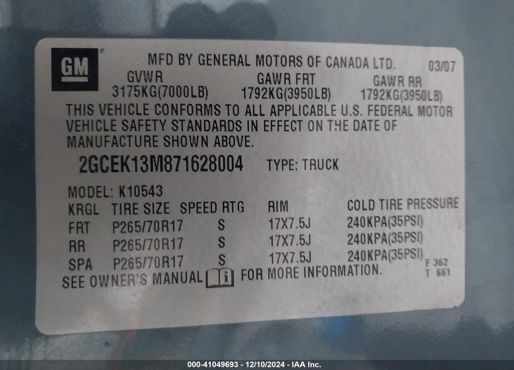 2007 CHEVROLET SILVERADO 1500 VIN: 2GCEK13M871628004