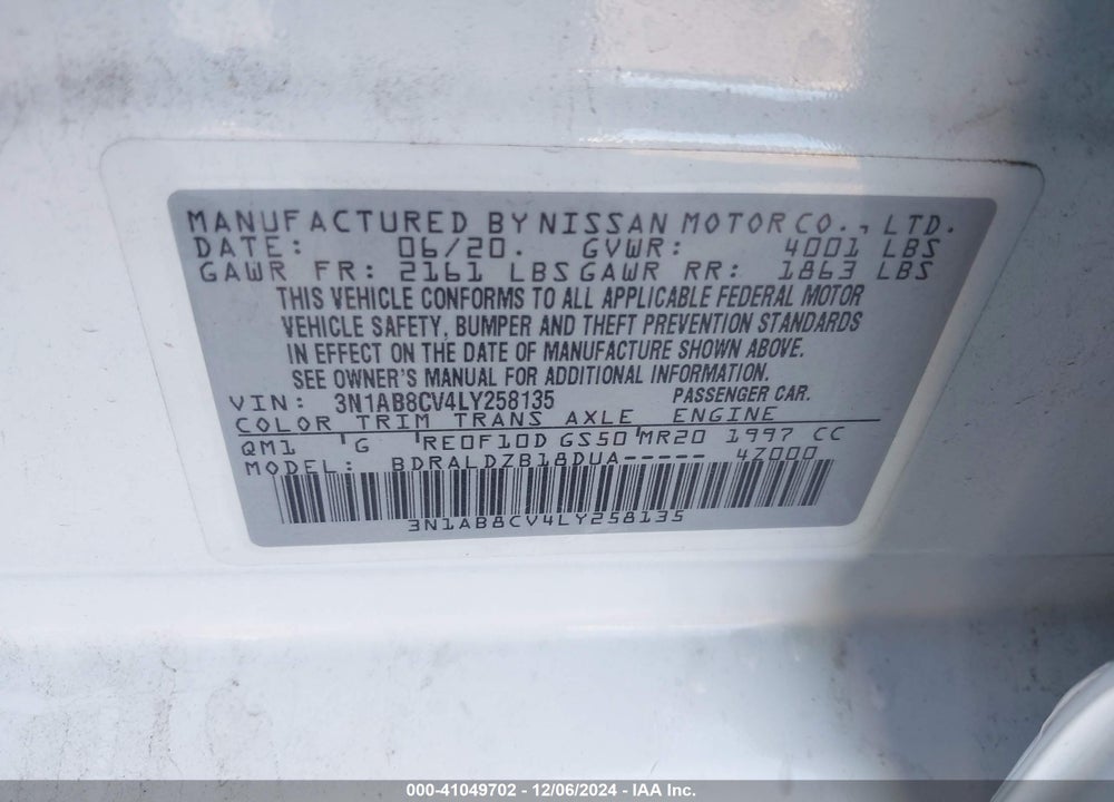2020 NISSAN SENTRA SV XTRONIC CVT VIN: 3N1AB8CV4LY258135