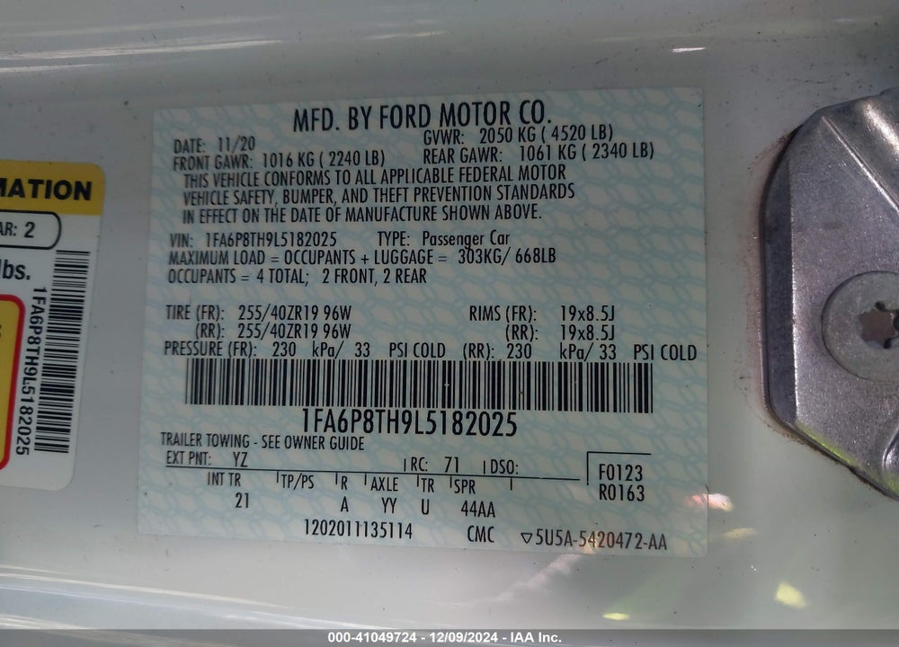 2020 FORD MUSTANG ECOBOOST VIN: 1FA6P8TH9L5182025