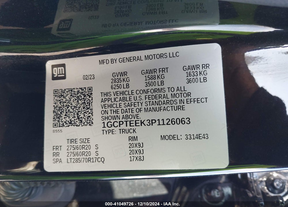 2023 CHEVROLET COLORADO VIN: 1GCPTEEK3P1126063