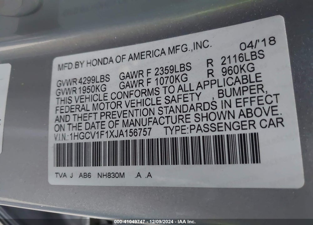 2018 HONDA ACCORD LX VIN: 1HGCV1F1XJA156757