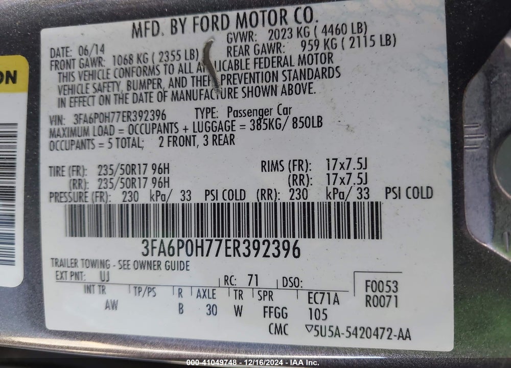 2014 FORD FUSION SE VIN: 3FA6P0H77ER392396
