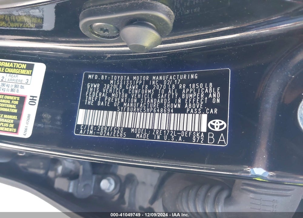 2017 TOYOTA COROLLA SE VIN: 5YFBURHE5HP648694