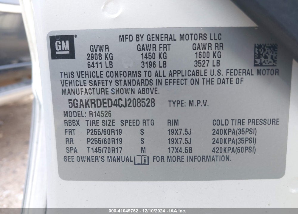2012 BUICK ENCLAVE PREMIUM VIN: 5GAKRDED4CJ208528