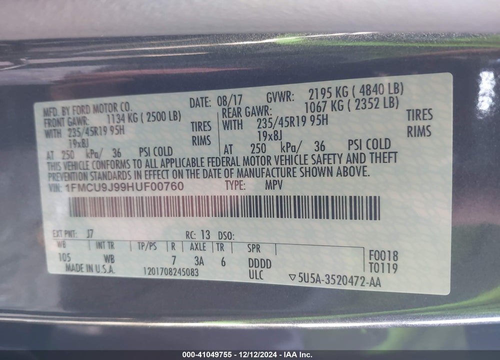 2017 FORD ESCAPE TITANIUM VIN: 1FMCU9J99HUF00760