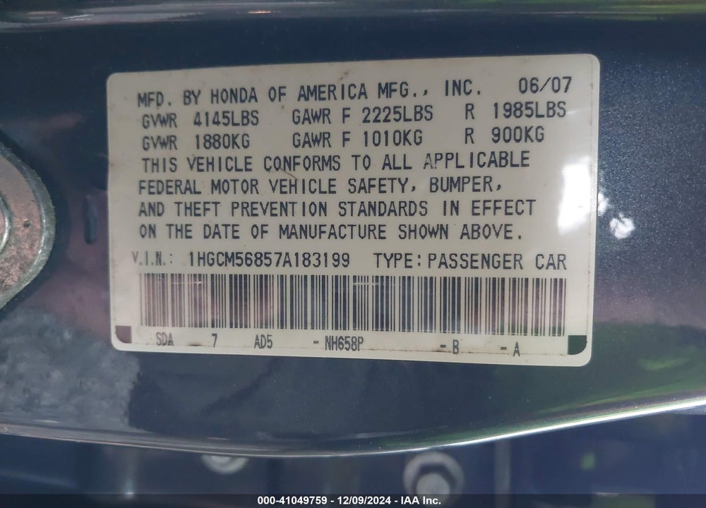 2007 HONDA ACCORD 2.4 EX VIN: 1HGCM56857A183199