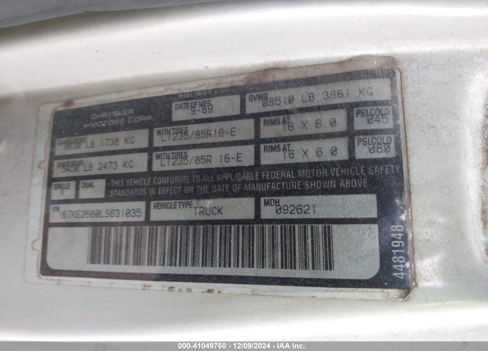 1990 DODGE D-SERIES D200/D250 VIN: 1B7KE2680LS631035