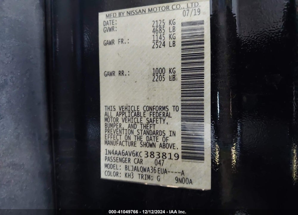 2019 NISSAN MAXIMA 3.5 S VIN: 1N4AA6AV6KC383819