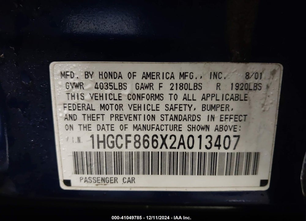 2002 HONDA ACCORD 2.3 VP VIN: 1HGCF866X2A013407