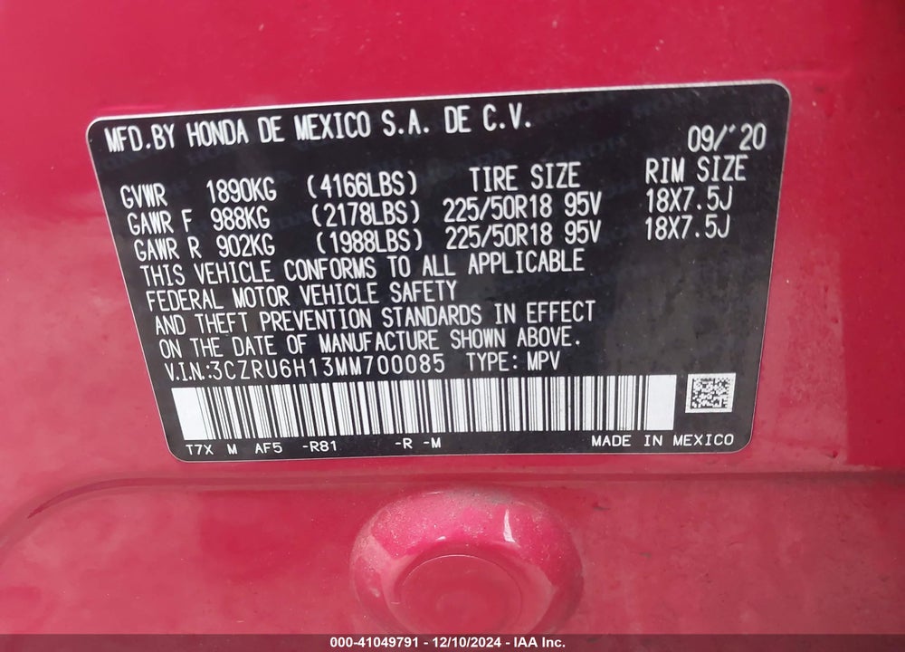 2021 HONDA HR-V VIN: 3CZRU6H13MM700085