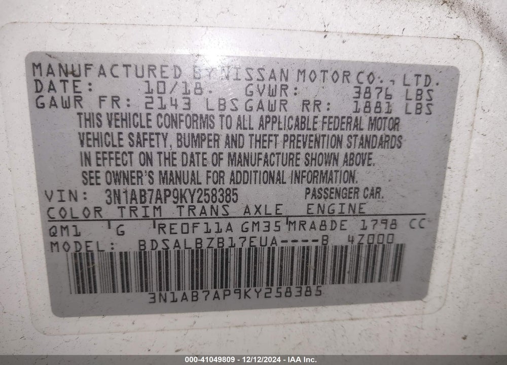 2019 NISSAN SENTRA VIN: 3N1AB7AP9KY258385