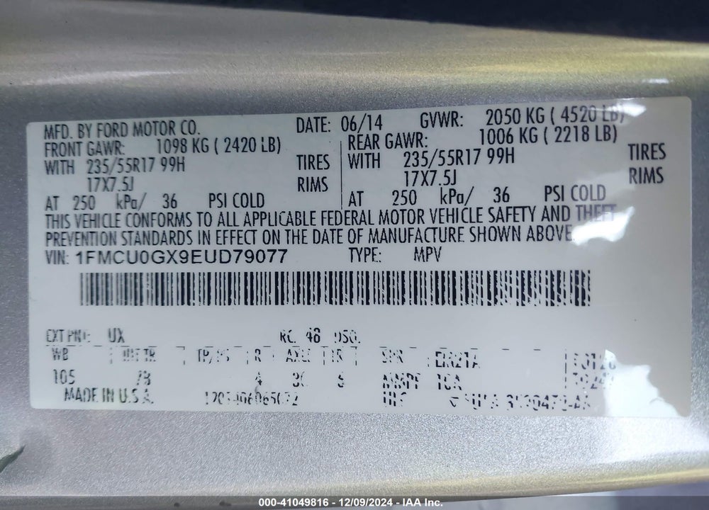 2014 FORD ESCAPE SE VIN: 1FMCU0GX9EUD79077