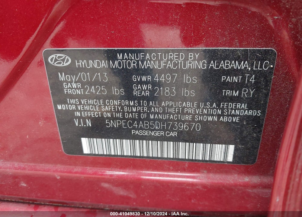 2013 HYUNDAI SONATA SE 2.0T VIN: 5NPEC4AB5DH739670