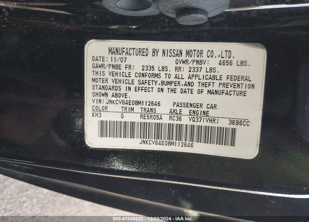 2008 INFINITI G37 VIN: JNKCV64E08M112646