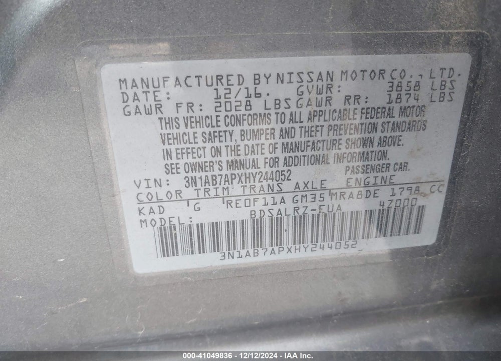 2017 NISSAN SENTRA SR VIN: 3N1AB7APXHY244052
