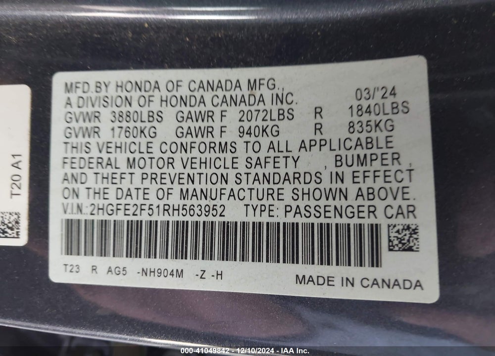 2024 HONDA CIVIC SPORT VIN: 2HGFE2F51RH563952