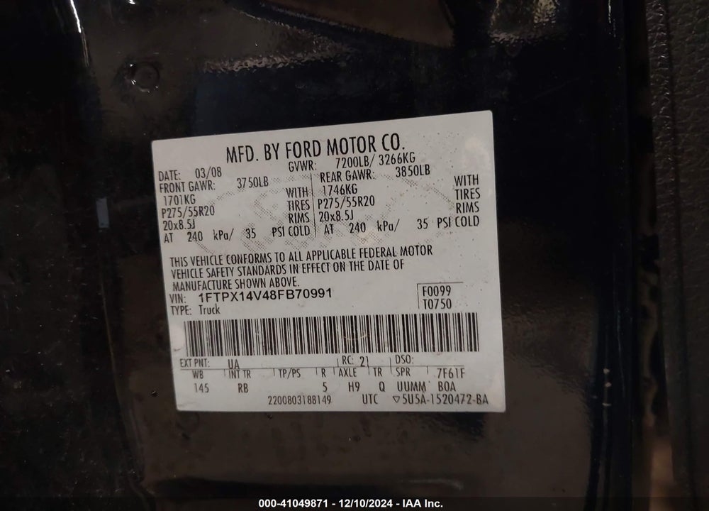 2008 FORD F-150 VIN: 1FTPX14V48FB70991