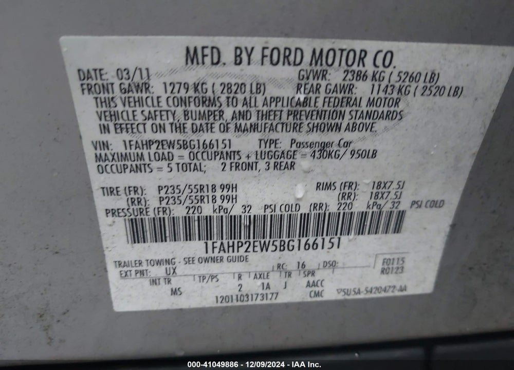 2011 FORD TAURUS VIN: 1FAHP2EW5BG166151