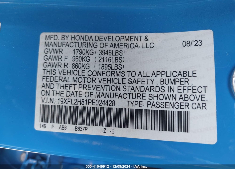 2023 HONDA CIVIC SPORT VIN: 19XFL2H81PE024428