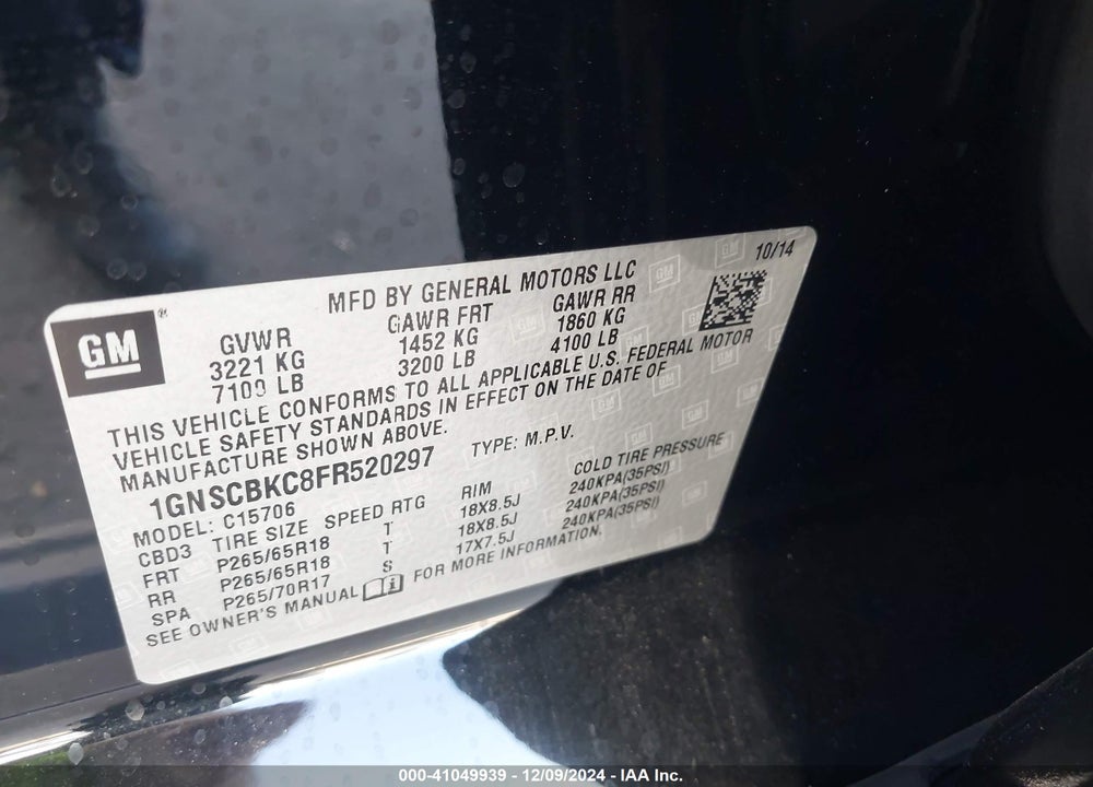 2015 CHEVROLET TAHOE LT VIN: 1GNSCBKC8FR520297