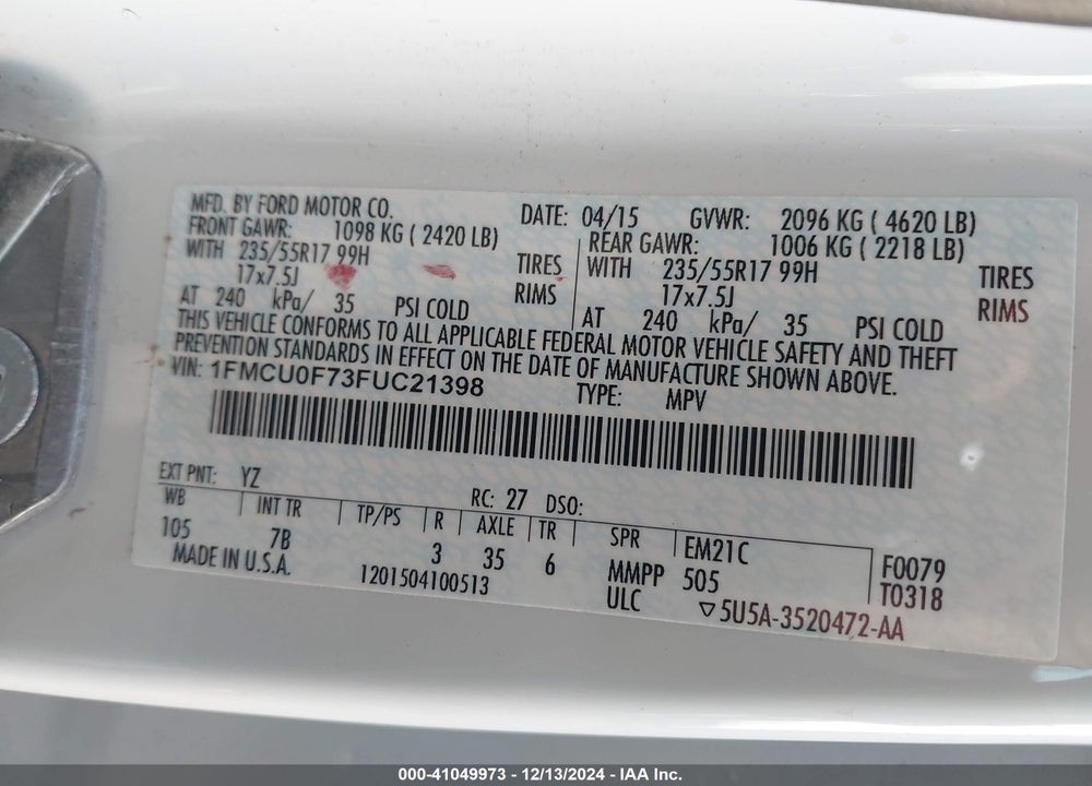 2015 FORD ESCAPE S VIN: 1FMCU0F73FUC21398