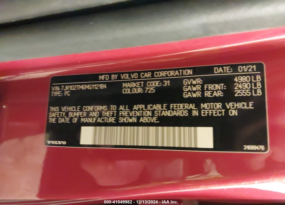 2021 VOLVO S60 VIN: 7JR102TM6MG112184