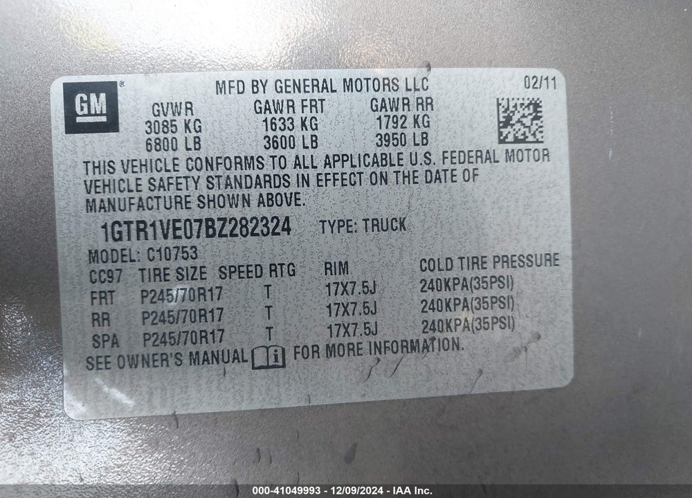 2011 GMC SIERRA 1500 SLE VIN: 1GTR1VE07BZ282324