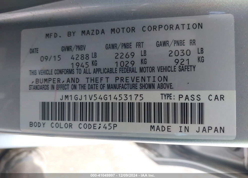2016 MAZDA 6 I TOURING VIN: JM1GJ1V54G1453175