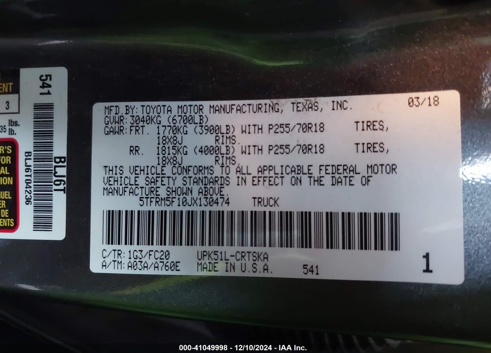 2018 TOYOTA TUNDRA SR5 4.6L V8 VIN: 5TFRM5F10JX130474