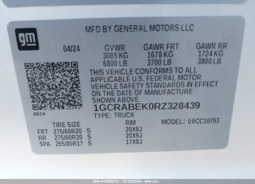 2024 CHEVROLET SILVERADO 1500 2WD STANDARD BED CUSTOM VIN: 1GCRABEK0RZ328439
