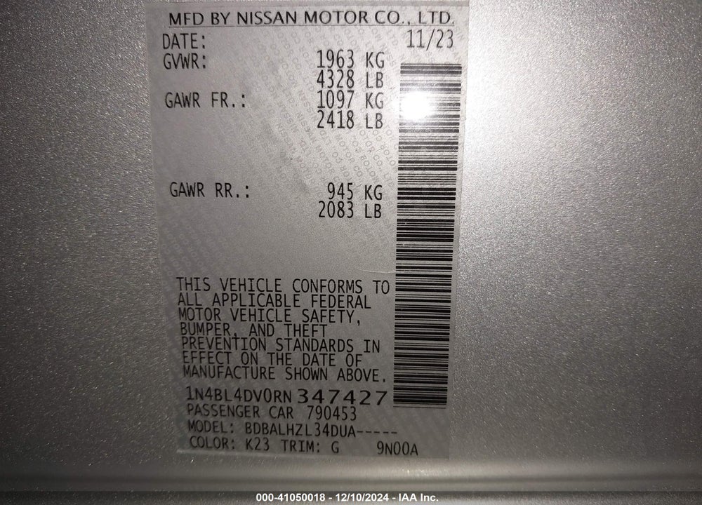 2024 NISSAN ALTIMA SV FWD VIN: 1N4BL4DV0RN347427