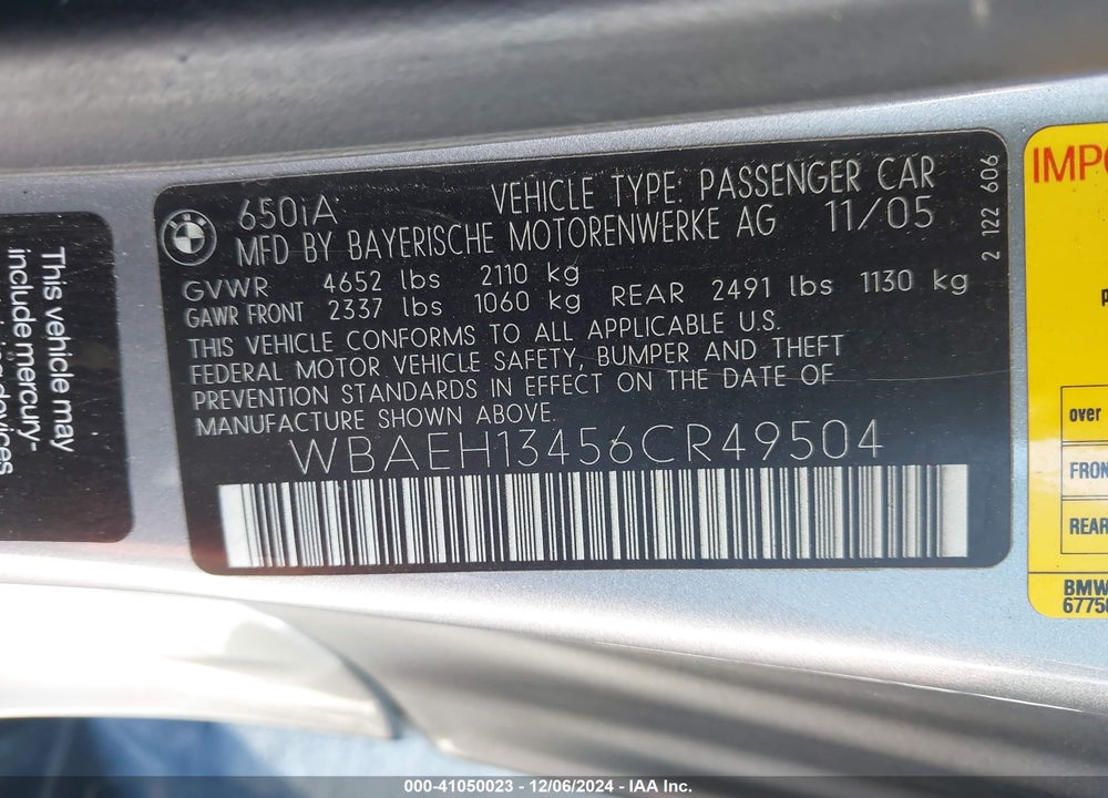2006 BMW 650I VIN: WBAEH13456CR49504