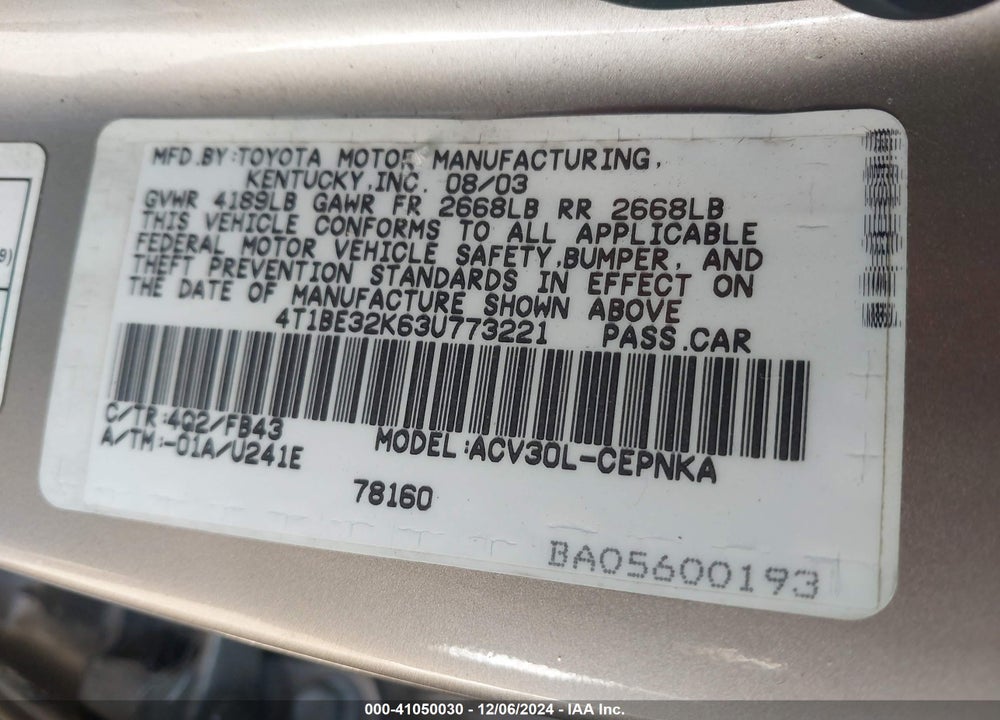 2003 TOYOTA CAMRY LE VIN: 4T1BE32K63U773221