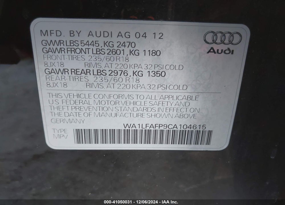 2012 AUDI Q5 2.0T PREMIUM VIN: WA1LFAFP9CA104615