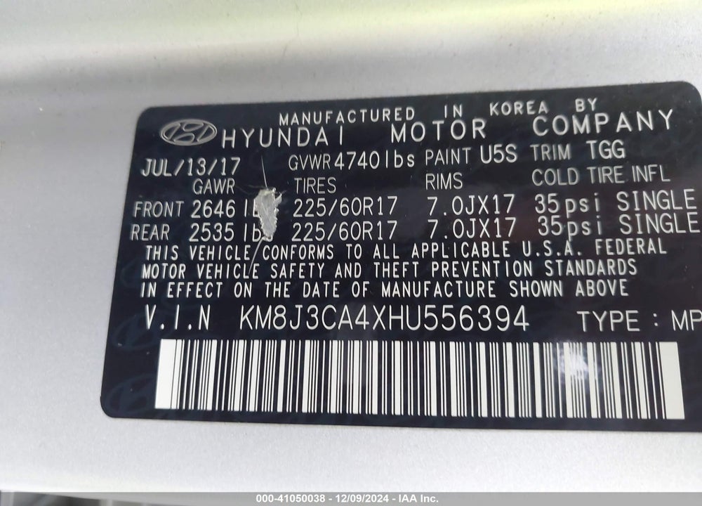 2017 HYUNDAI TUCSON SE VIN: KM8J3CA4XHU556394
