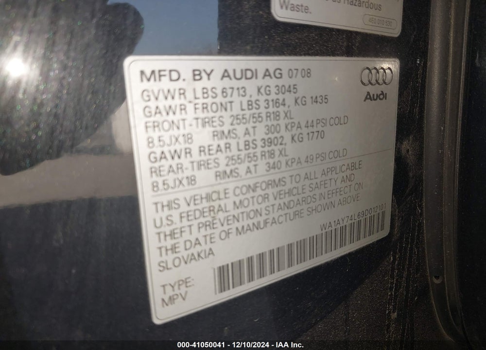 2009 AUDI Q7 3.6 5 PASSENGER/3.6 PREMIUM VIN: WA1AY74L69D012101