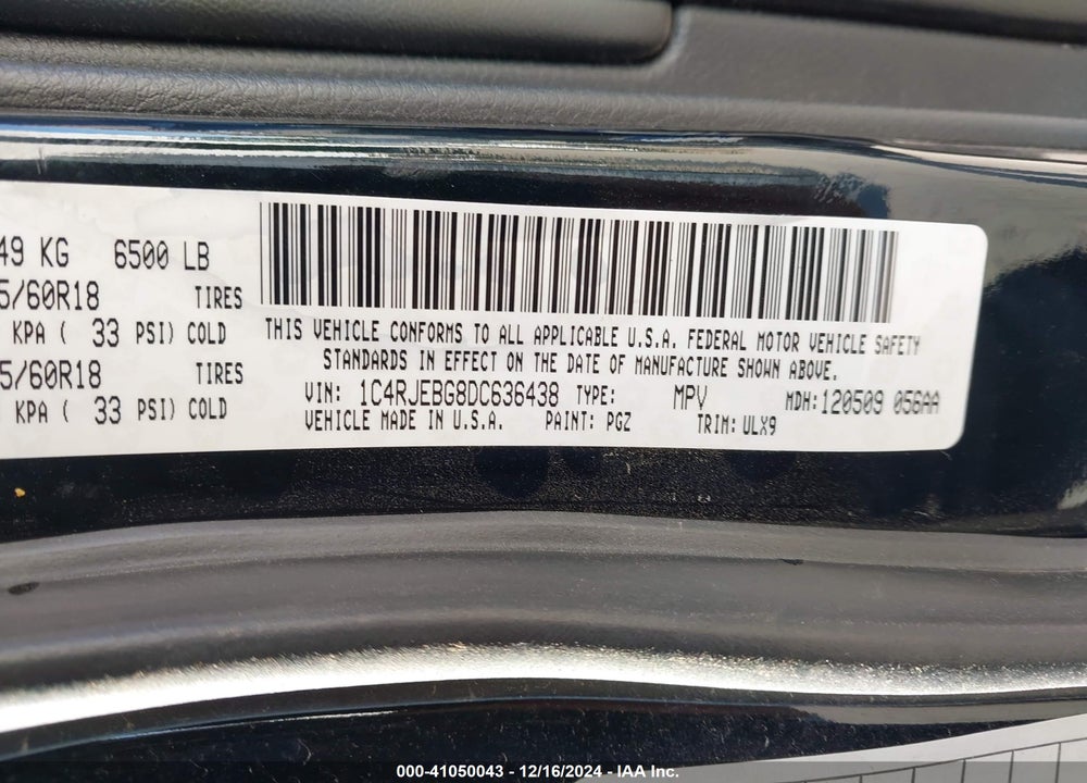2013 JEEP GRAND CHEROKEE VIN: 1C4RJEBG8DC636438