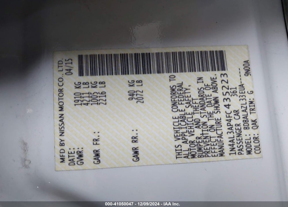 2015 NISSAN ALTIMA 2.5 VIN: 1N4AL3AP4FC435223