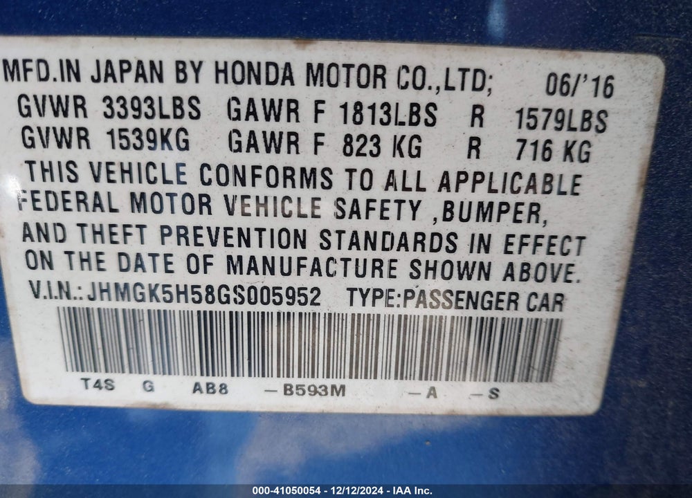 2016 HONDA FIT LX VIN: JHMGK5H58GS005952