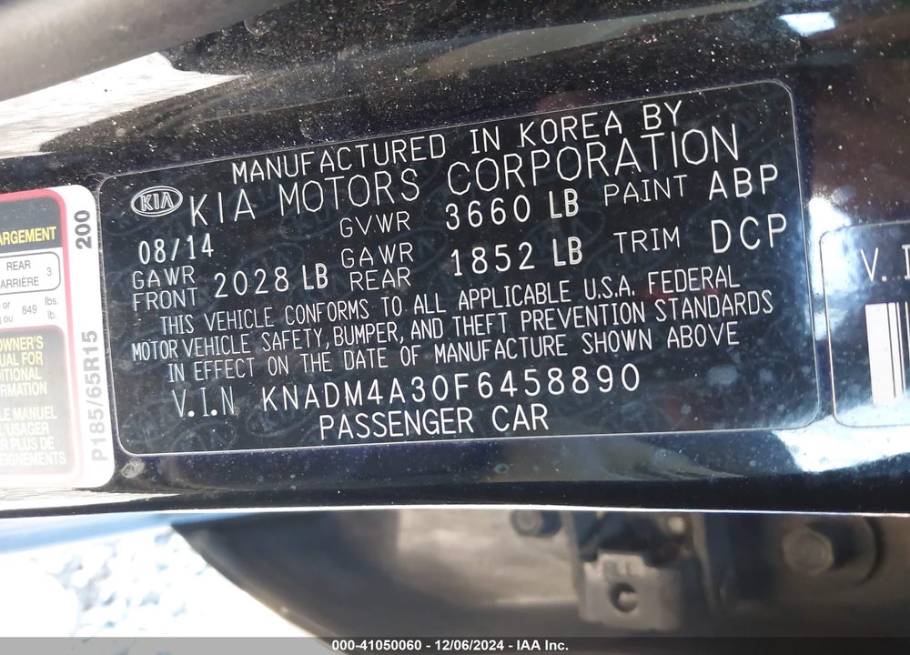 2015 KIA RIO LX VIN: KNADM4A30F6458890