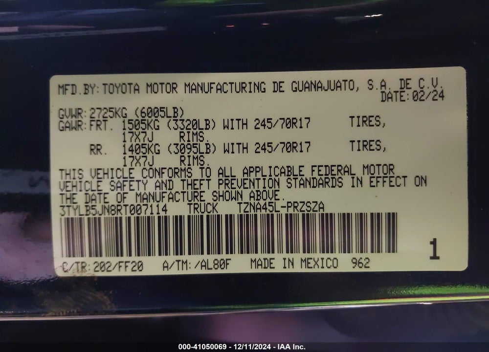 2024 TOYOTA TACOMA VIN: 3TYLB5JN8RT007114